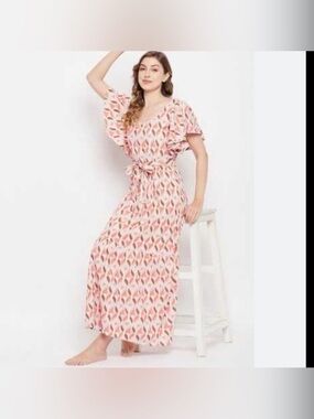 Pink Printed Maxi Dress with Tie Waist and Flutter Sleeves